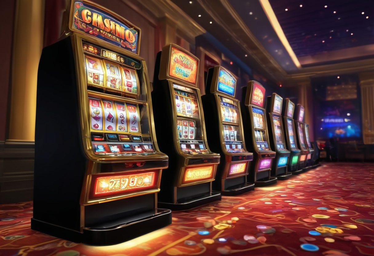 A dazzling casino floor filled with colorful penny slot machines, each emitting a golden glow. Excited players celebrate their winnings, coins cascading from the slots. In the background, a banner highlights 'Best Games' and 'Casino Bonuses' with sparkling lights. Super-realistic. Vibrant colors. Energetic atmosphere.