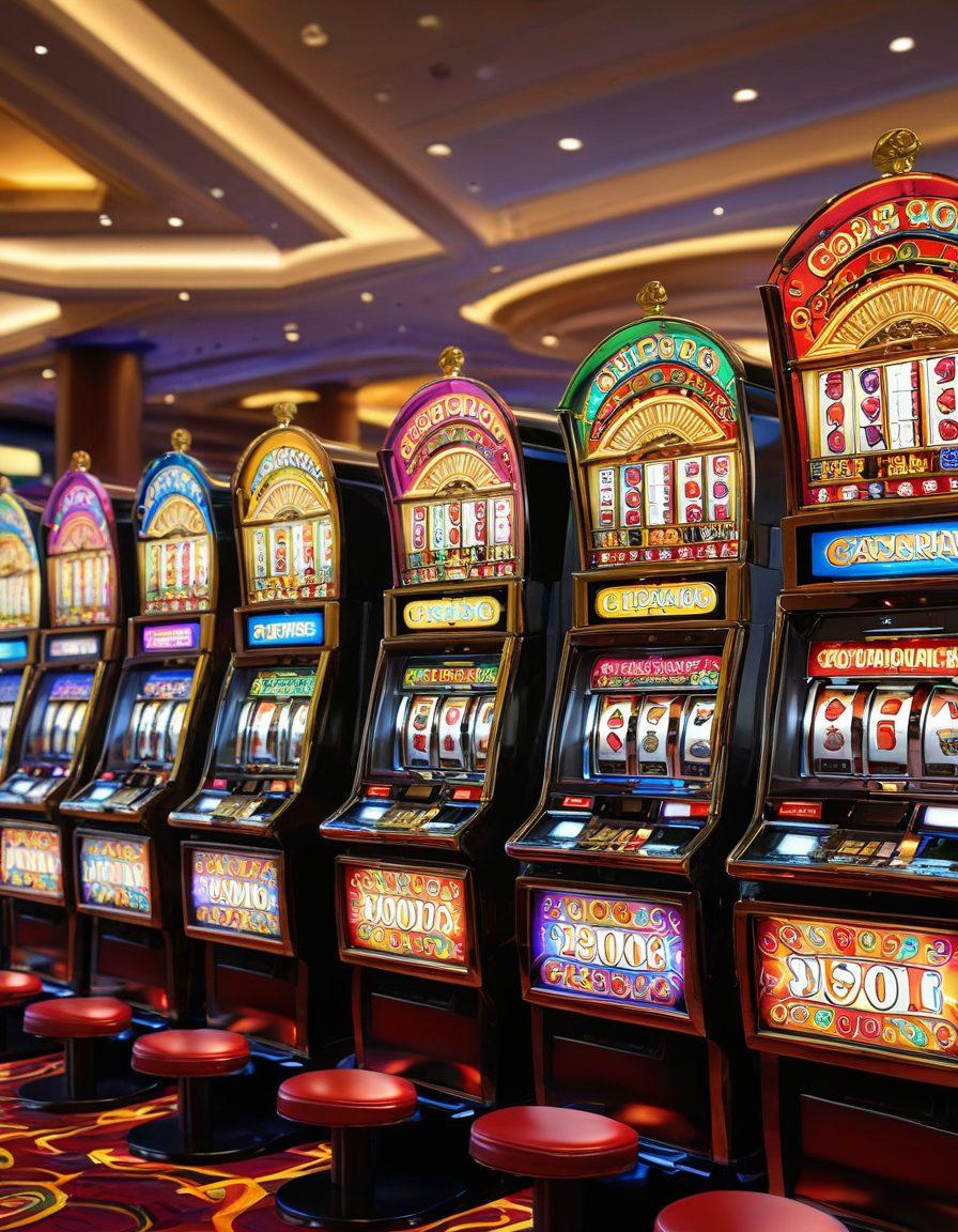 A lively casino floor with bright, colorful penny slot machines flashing with lights and animations. People of different ages and backgrounds, smiling and cheering as they play and win. Gold coins and dollar bills flying out from the slot machines to show big wins. super-realistic. vibrant colors. white background.